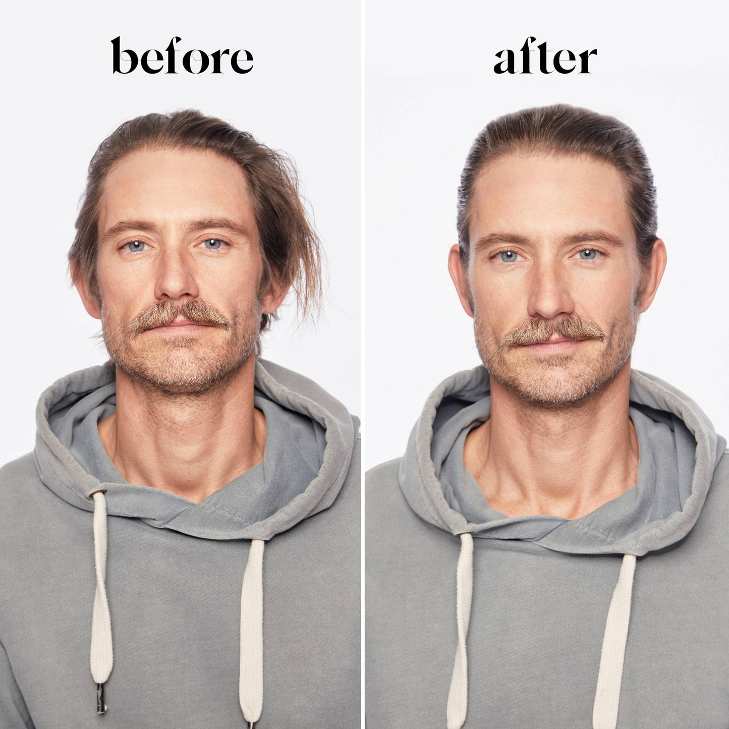 Before and after comparison of a man wearing a gray hoodie on a white background
