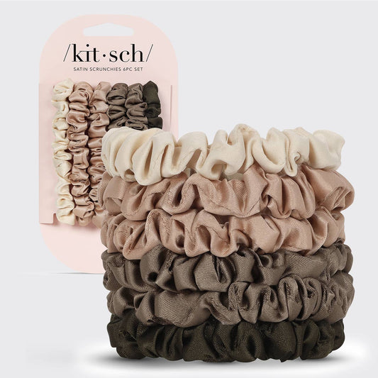 Set of satin scrunchies with packaging on a light gray background