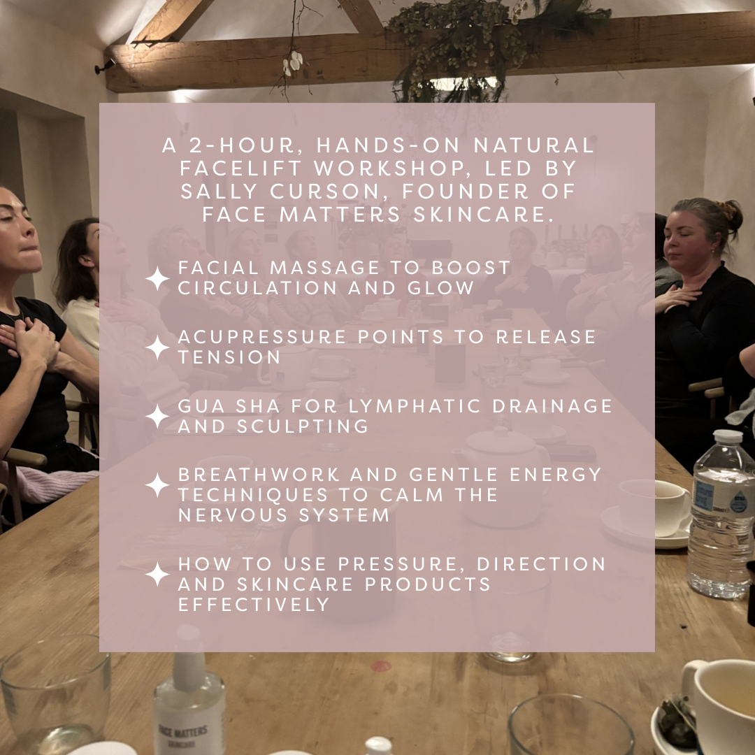 Facial massage workshop with participants and a description of the session.