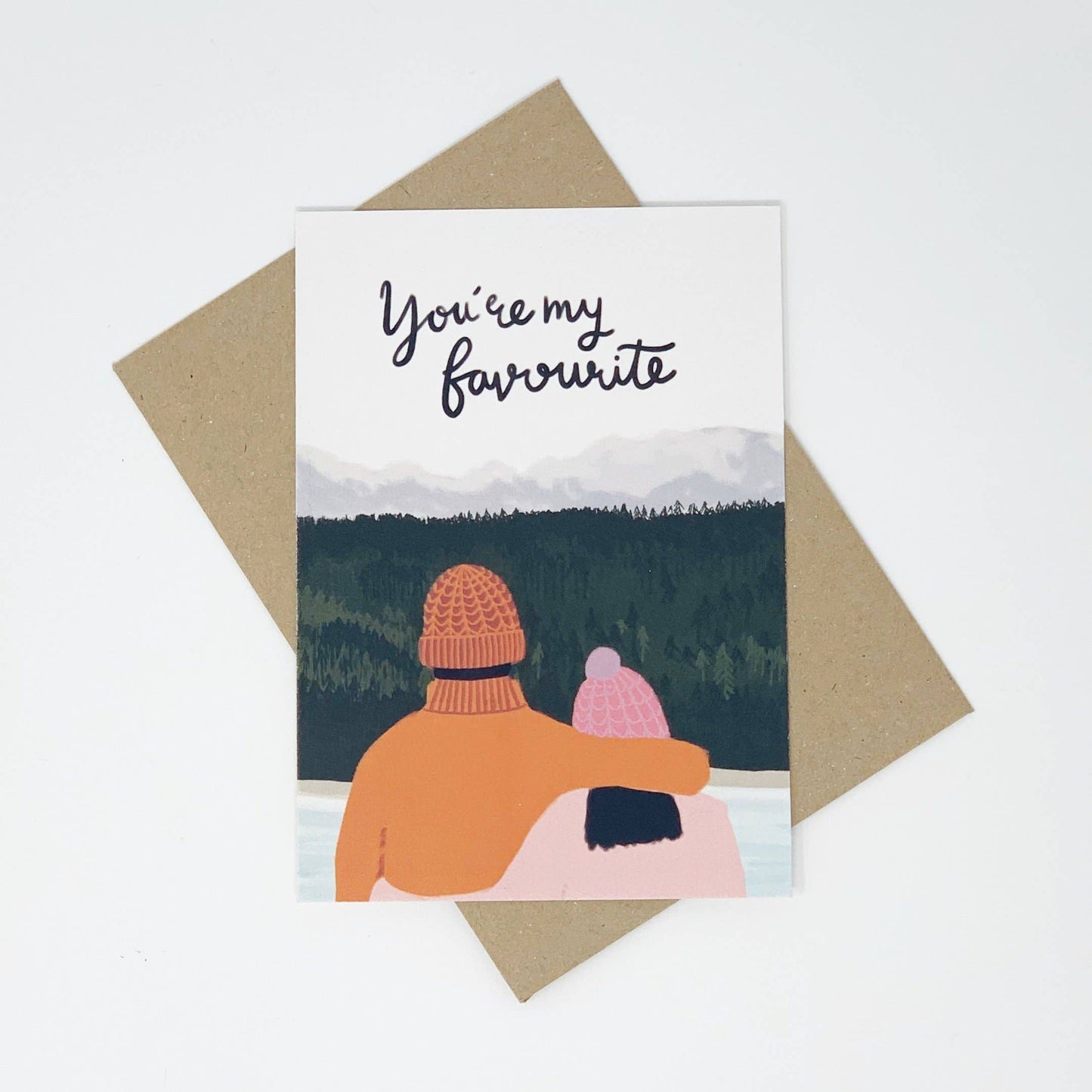 Greeting card with illustration of two people sitting together and text 'You're my favourite' on a white background.
