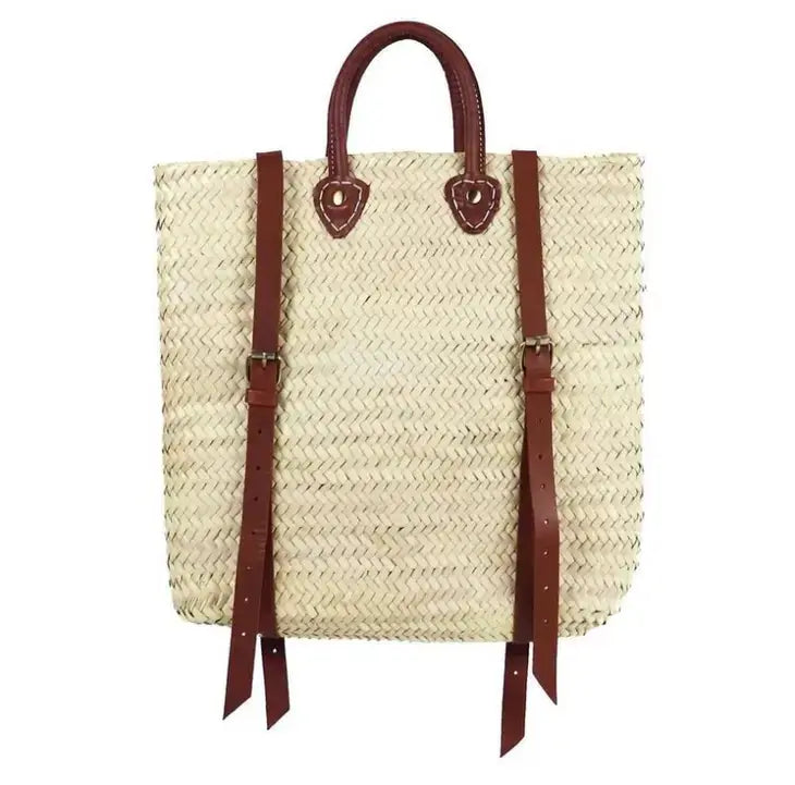 Woven Straw Backpack - Straw Beach Bag with Leather Strap: Brown