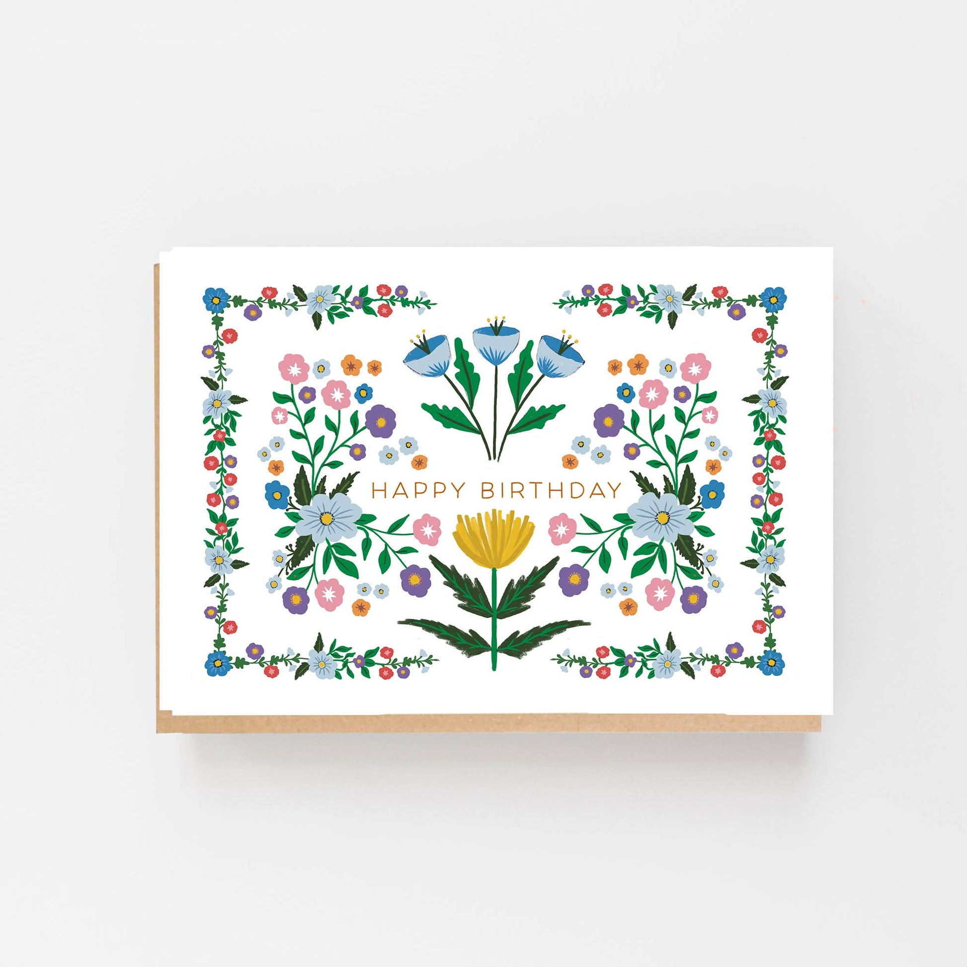 Floral birthday card with colorful flowers and 'Happy Birthday' text on a white background