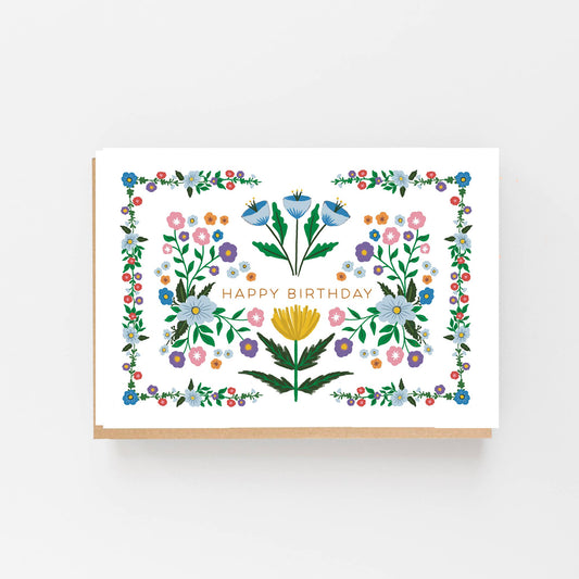 Floral birthday card with colorful flowers and 'Happy Birthday' text on a white background