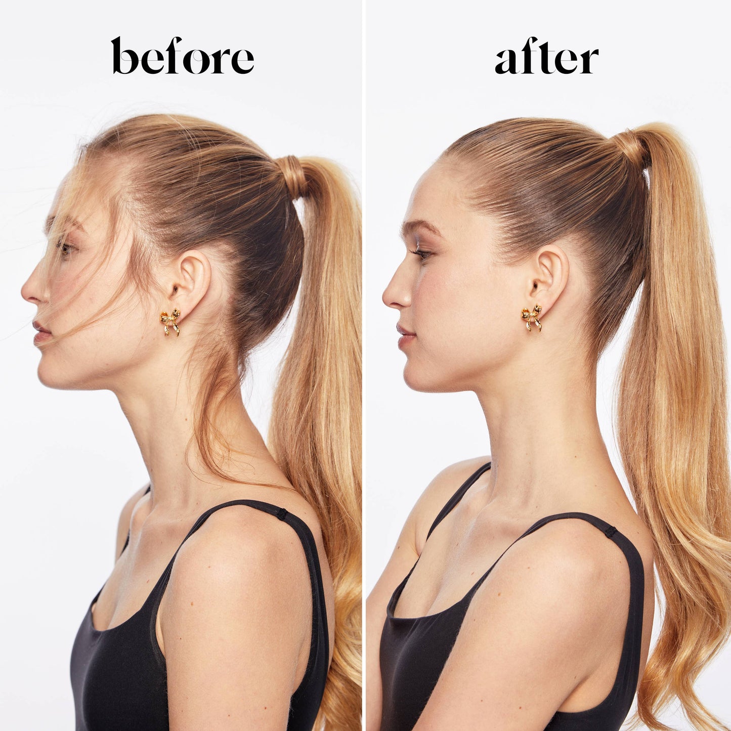 Before and after comparison of a woman with a ponytail on a white background