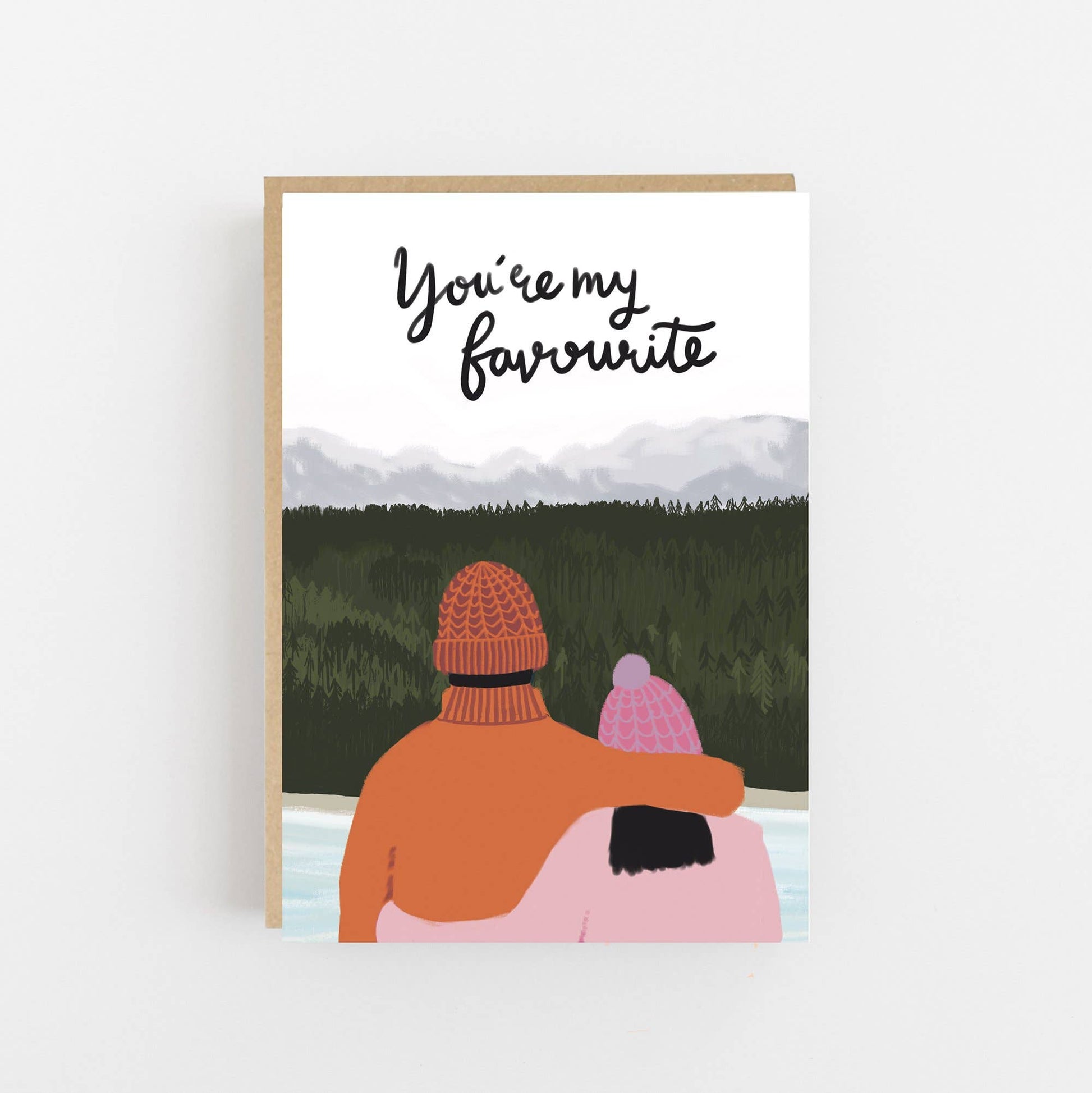Poster with illustration of two people hugging and text 'You're my favourite' against a mountain backdrop.