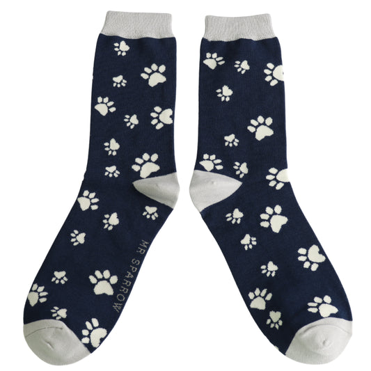 Paw Prints Navy Bamboo Socks