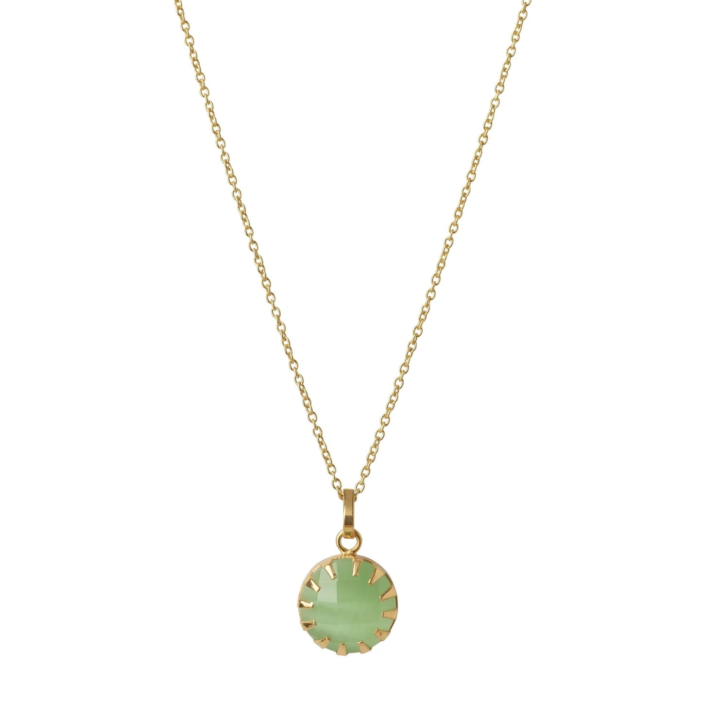 Necklace with a green pendant on a gold chain against a white background