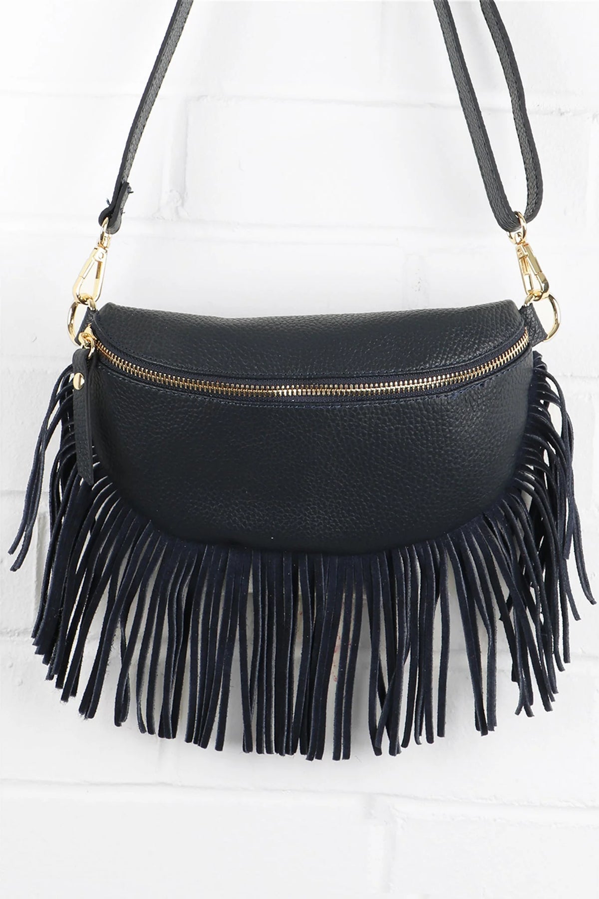 Italian Leather Half Moon Crossbody Bag - Navy Blue