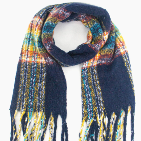 Multicolored scarf with fringes on a white background