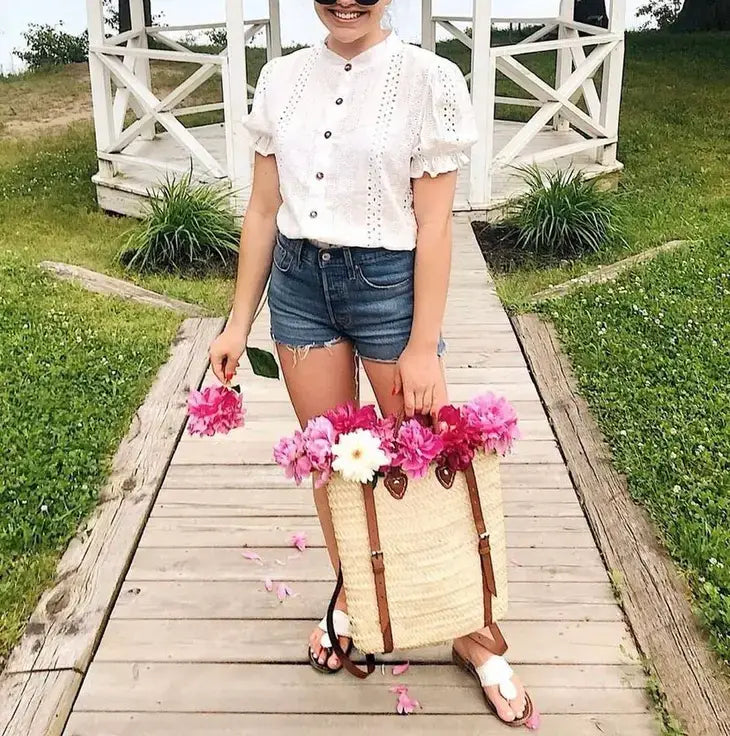 Woven Straw Backpack - Straw Beach Bag with Leather Strap: Brown