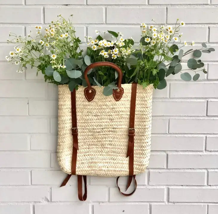 Woven Straw Backpack - Straw Beach Bag with Leather Strap: Brown