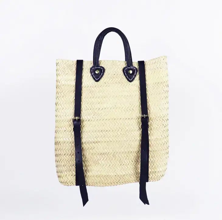 Woven Straw Backpack - Straw Beach Bag with Leather Strap: Brown