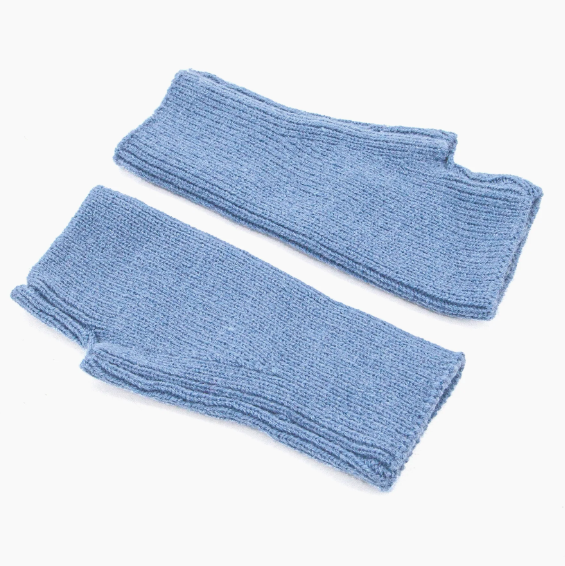 Pair of blue fingerless gloves on a white background