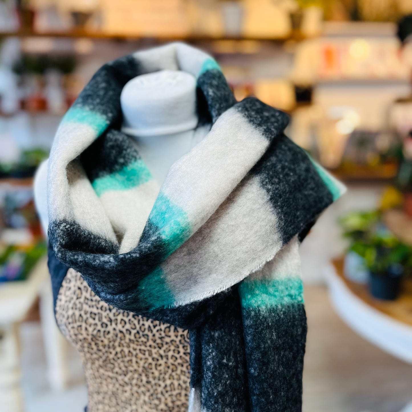 Black & Mint Block Stripe Midweight Scarf