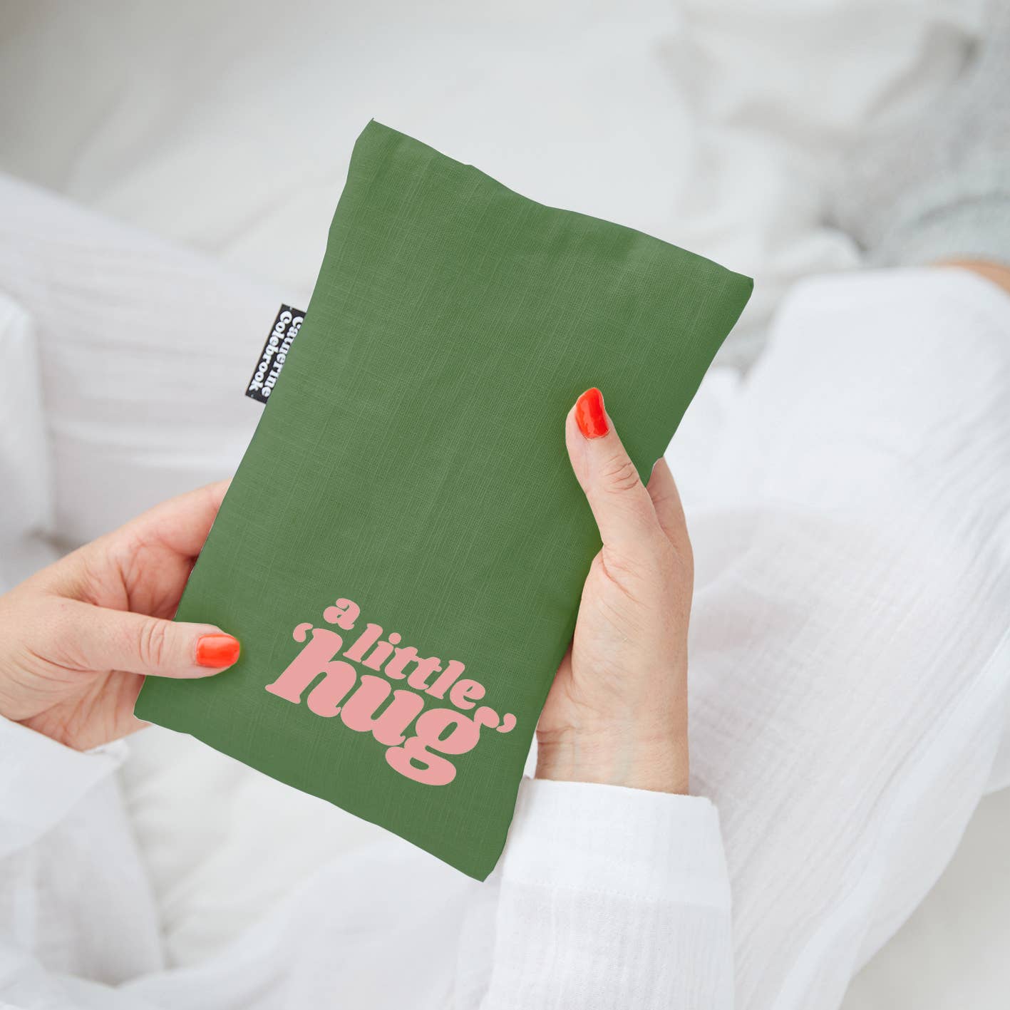 'A Little Hug' Cute Hot Water Bottle: Green with Salmon Pink