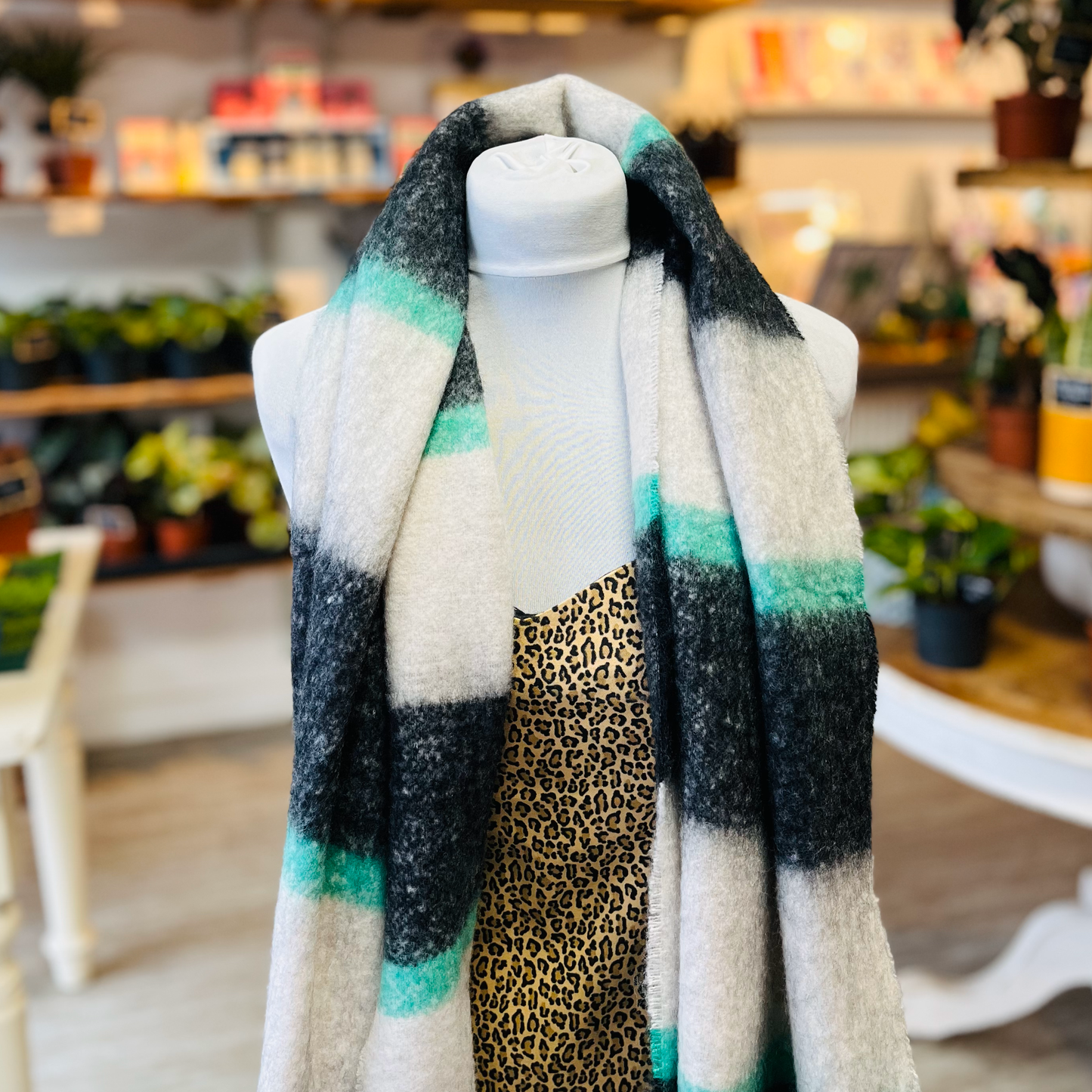 Black & Mint Block Stripe Midweight Scarf
