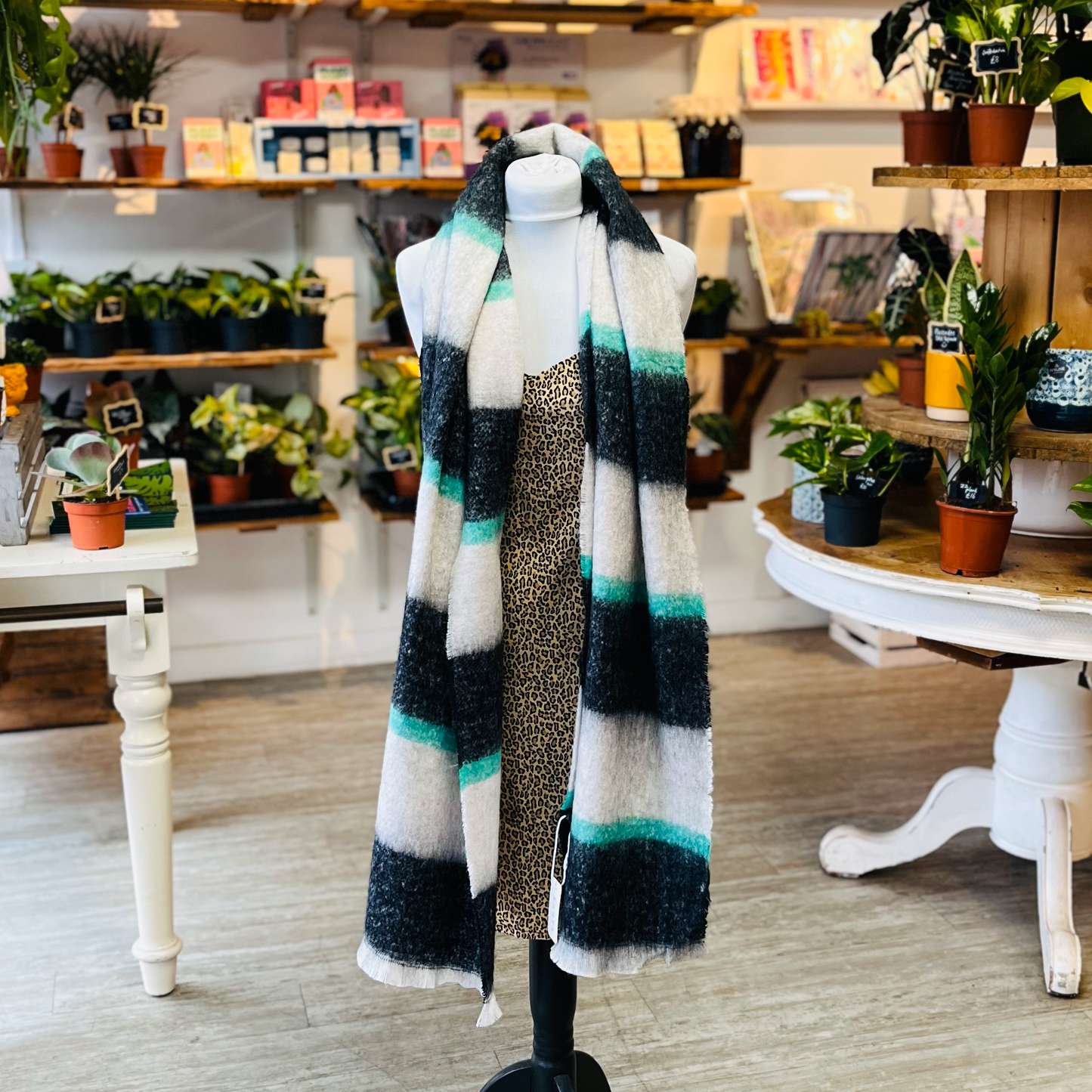 Black & Mint Block Stripe Midweight Scarf