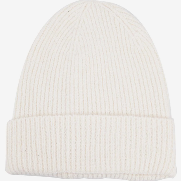 White knit beanie on a light gray background