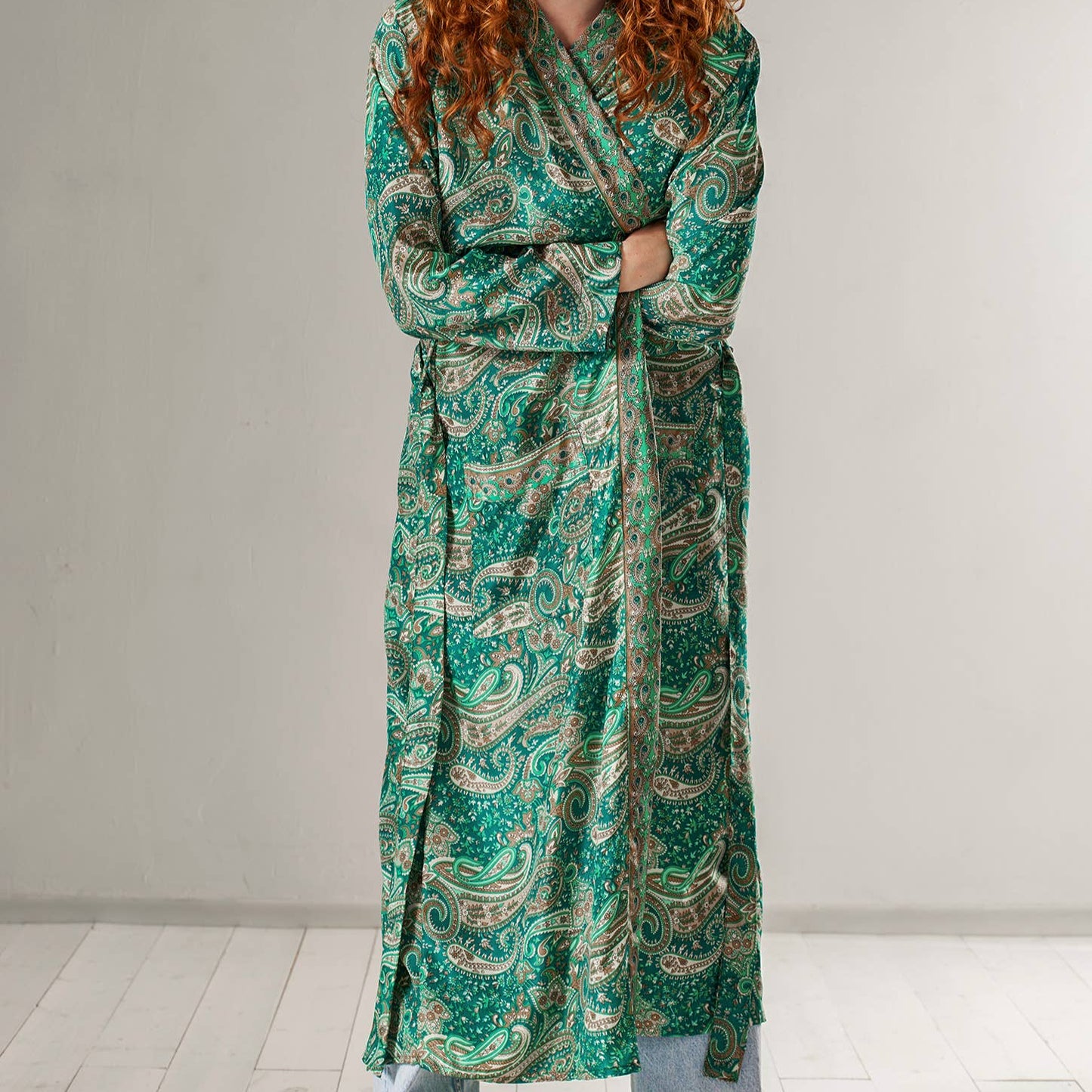 Green Floral Paisley Dressing Gown - Sari Material