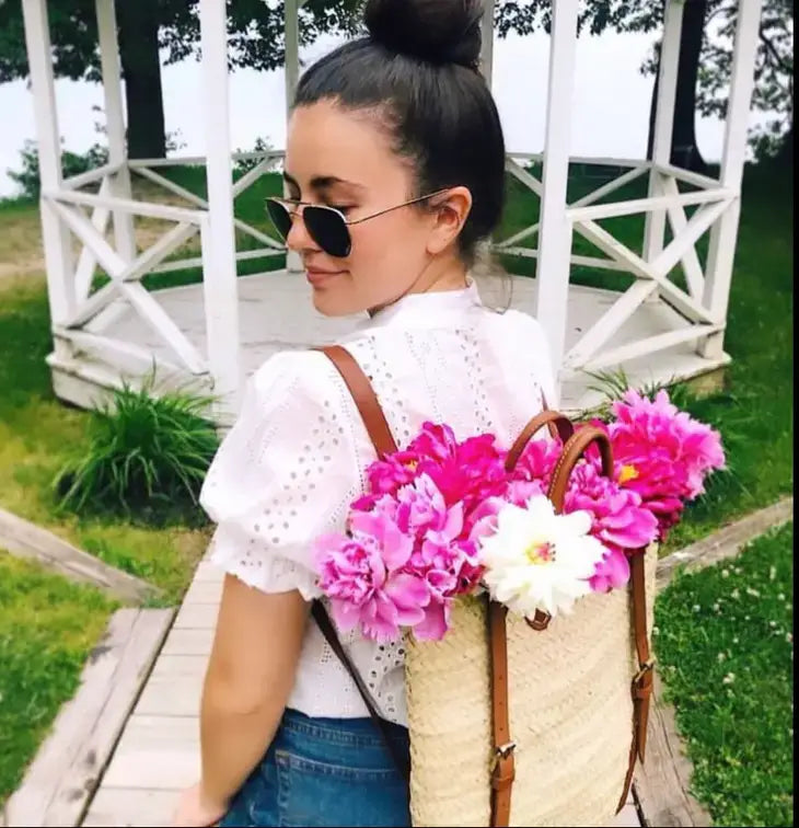 Woven Straw Backpack - Straw Beach Bag with Leather Strap: Brown