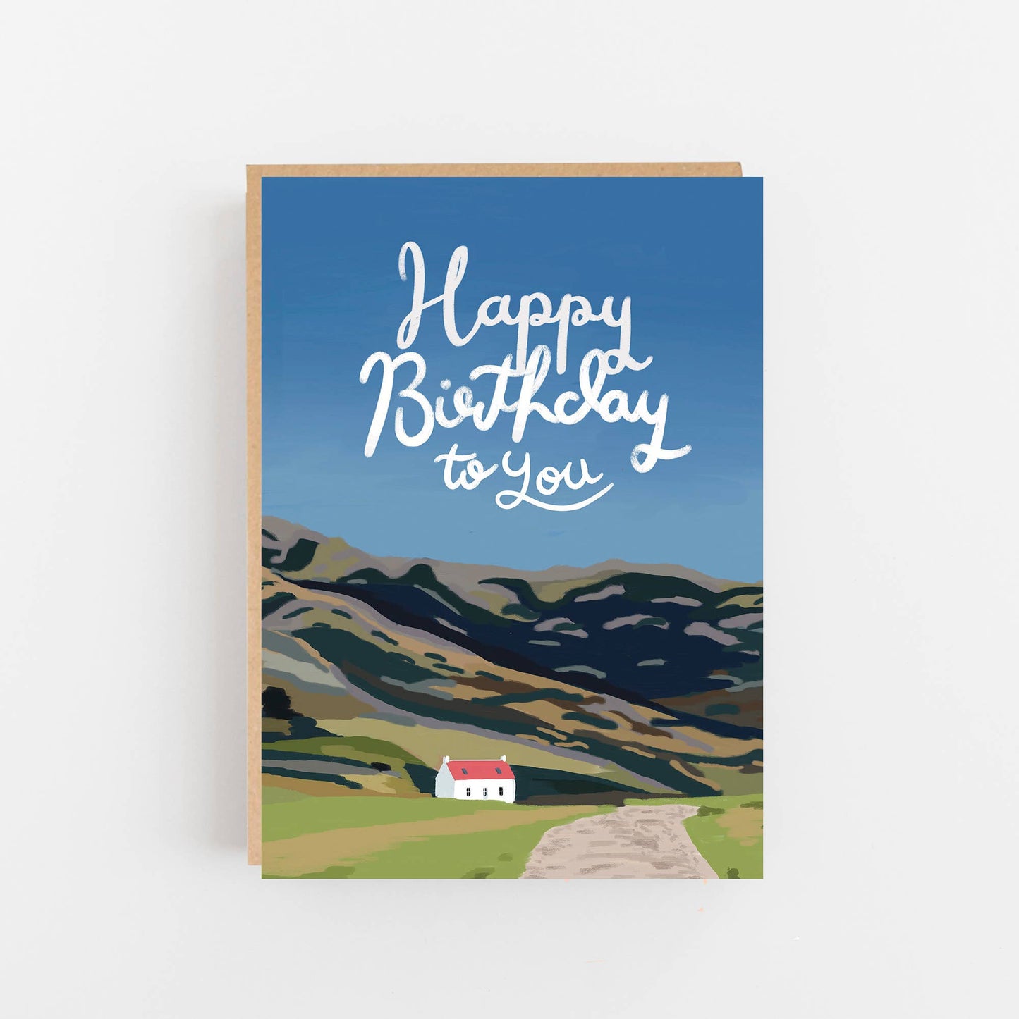 Greeting card with a scenic illustration of mountains and a house, and 'Happy Birthday to You' text.