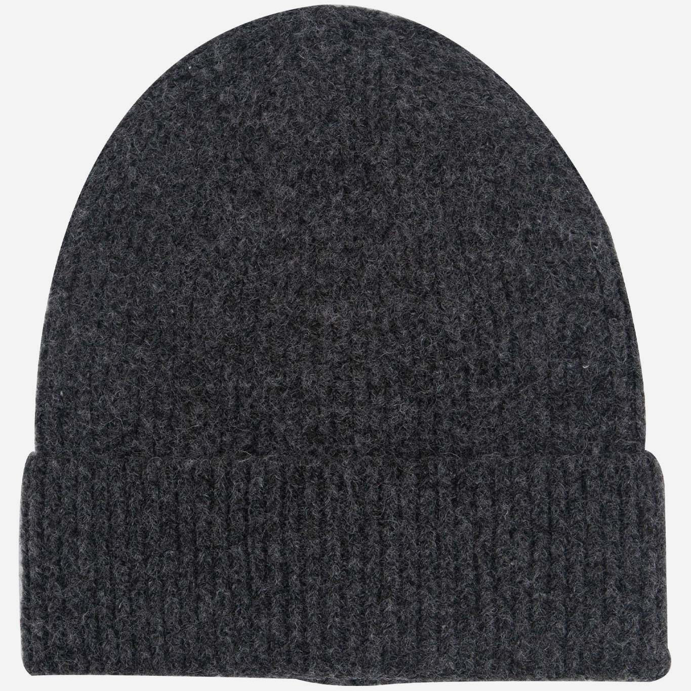 Dark gray knit beanie on a white background