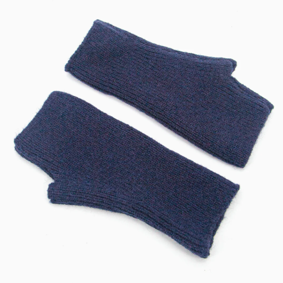 Pair of blue fingerless gloves on a white background