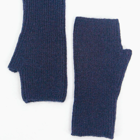 Pair of dark blue knitted arm warmers on a white background