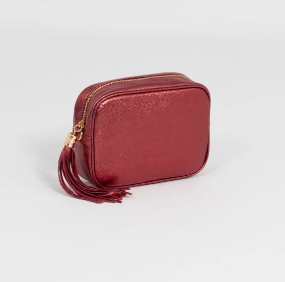 Italian Leather Crossbody Bag Metallic Red: One-size