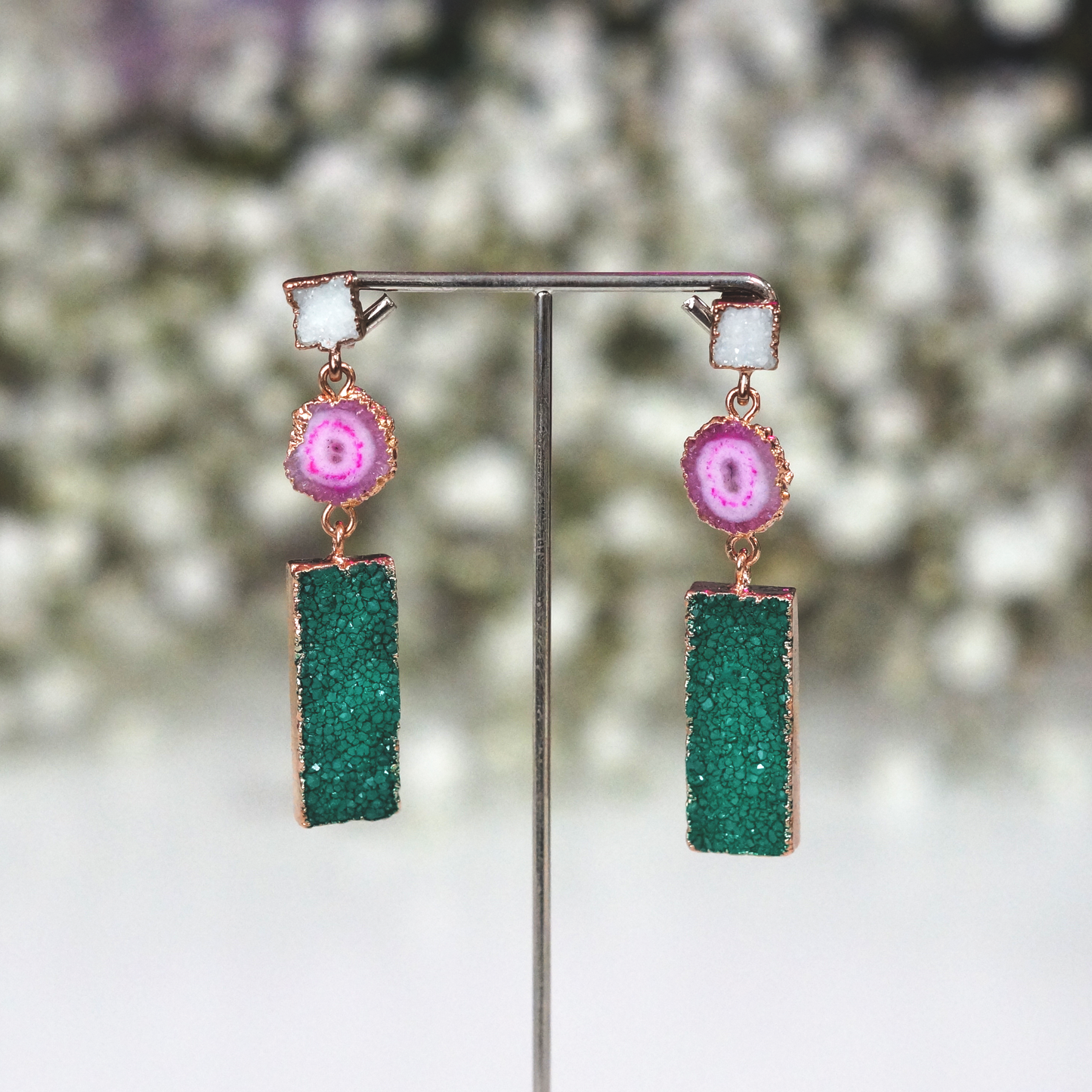 Emerald Green Druzy Solar Quartz Rose Gold Earrings - YAAYAA London