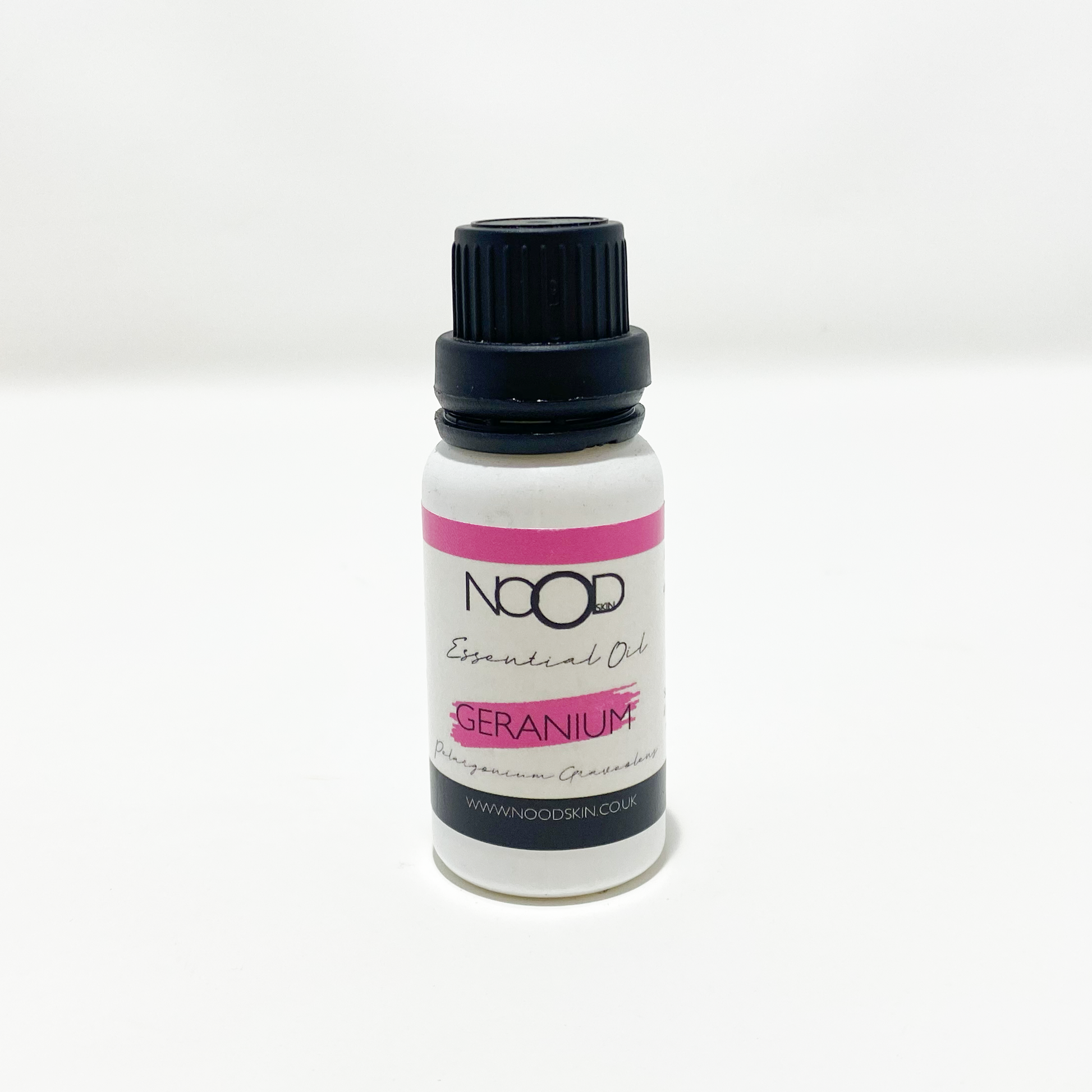 A bottle of NOOD brand Geranium essential oil with a dropper, on a white background.