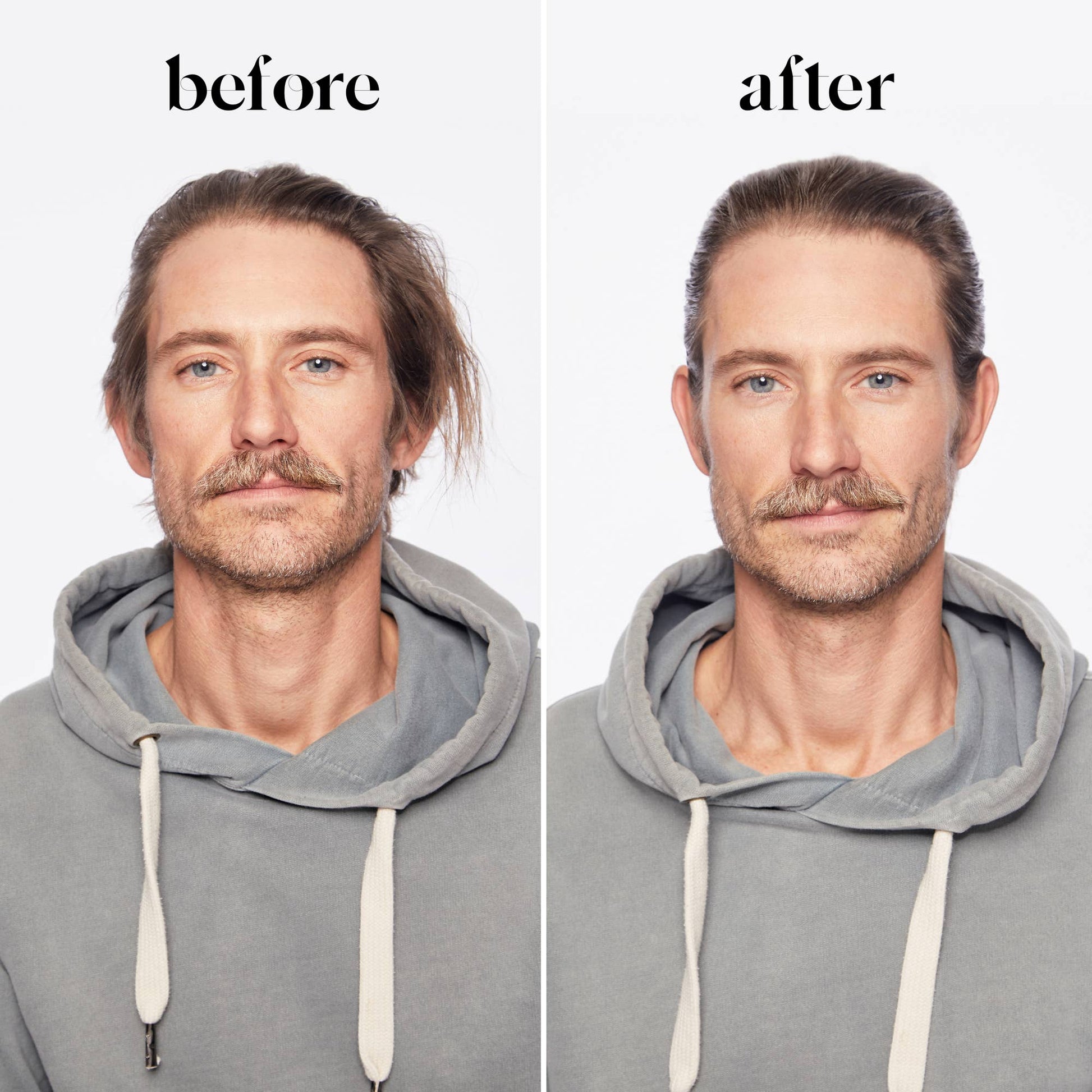 Before and after comparison of a man wearing a gray hoodie on a white background