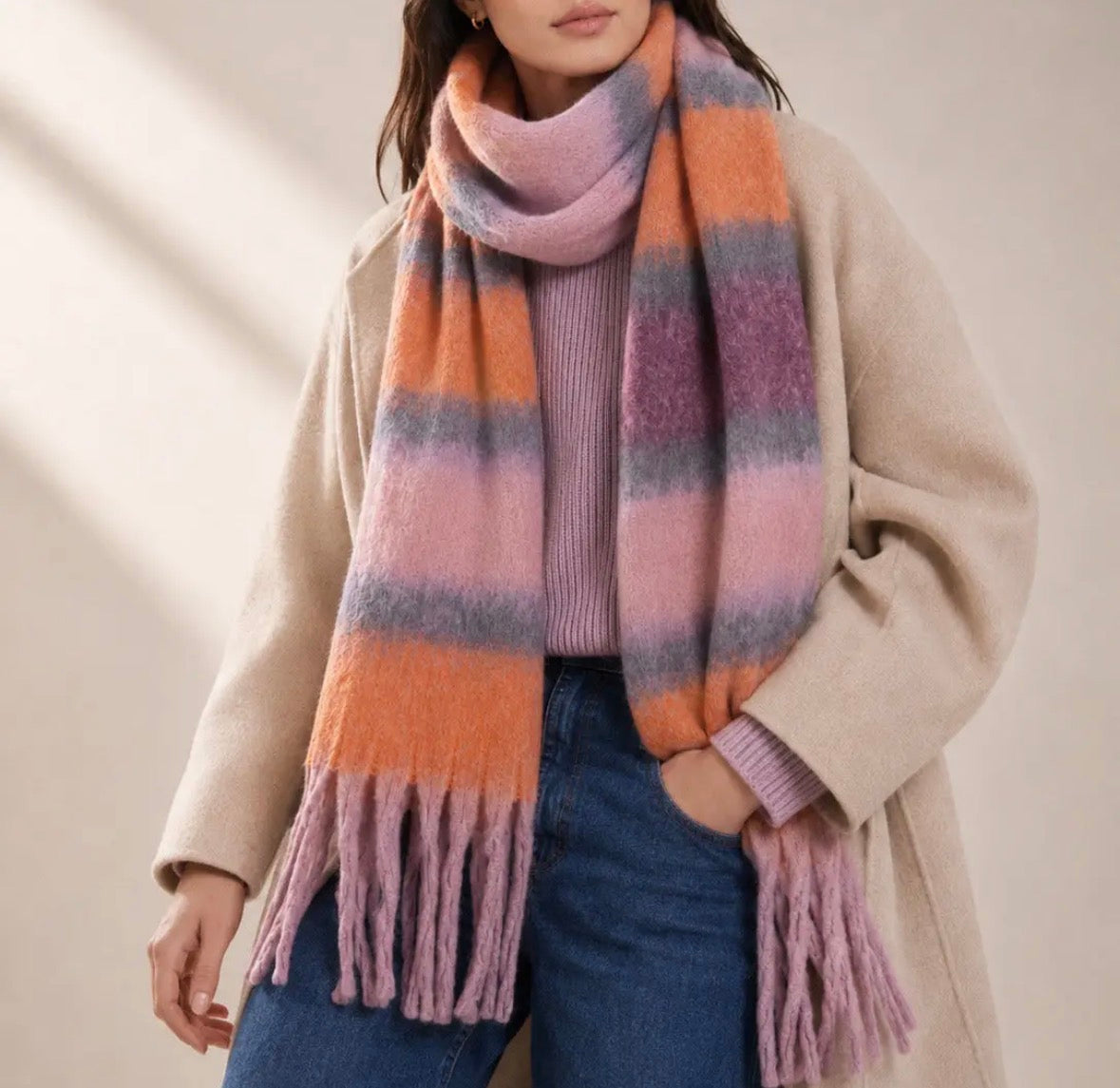 Lilac/Orange Colour Block Stripe Scarf