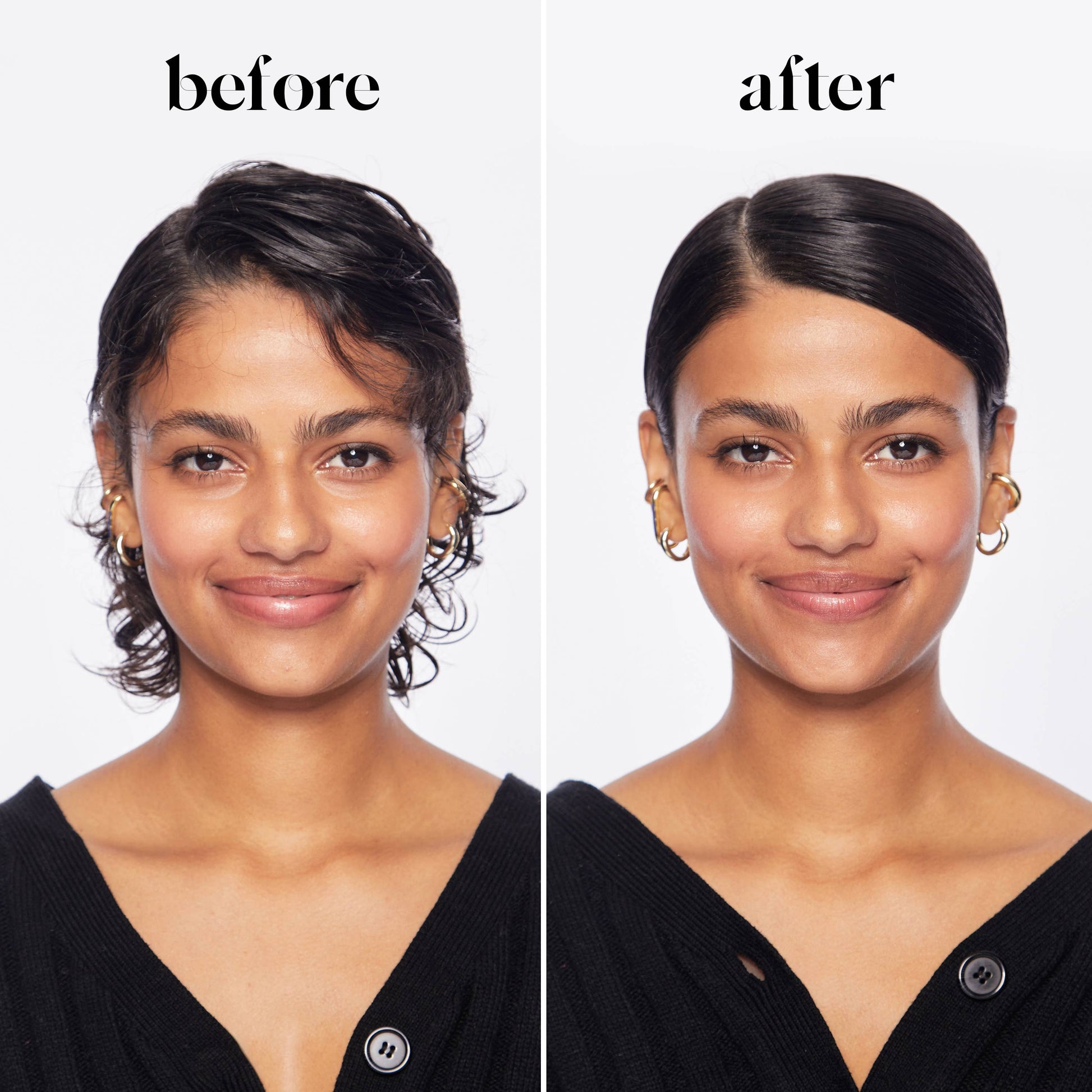 Before and after comparison of a woman with styled hair on a plain background