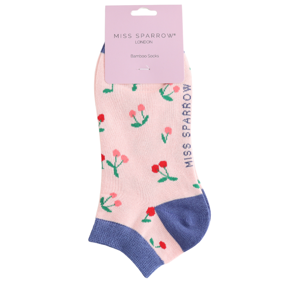 Mini Cherries Light Pink Bamboo Trainer Socks