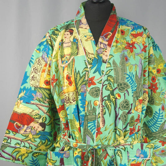 Cotton Kimono Dressing Gown Robe - Light Green Frida Kahlo
