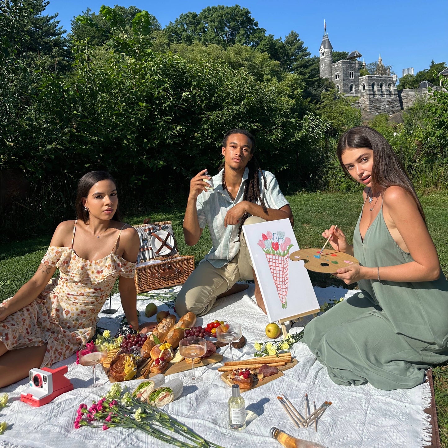 Three people enjoying a picnic with art supplies in a park setting.