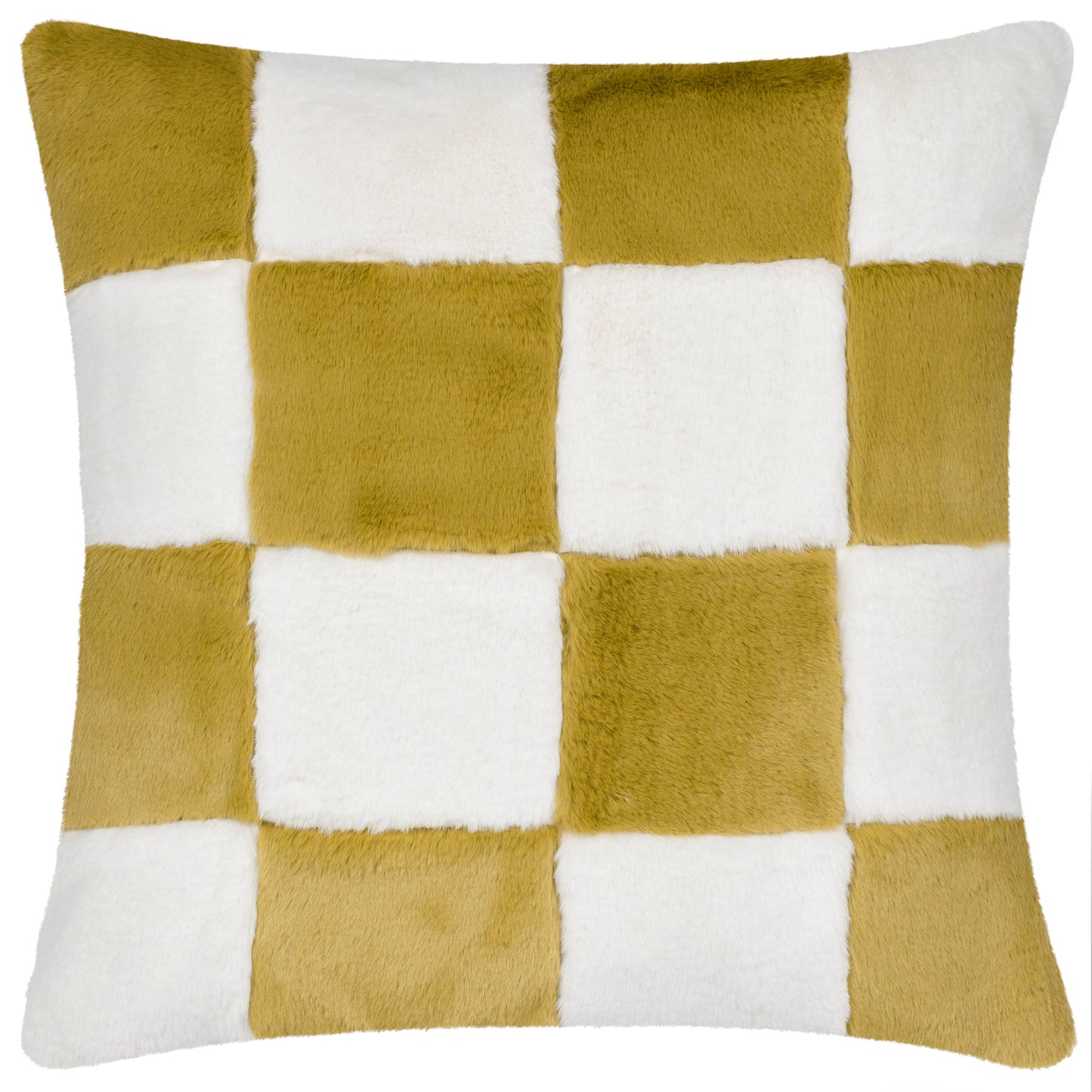 Checkered Faux Fur Cushion: Olive / Feather Rich Filled / 50 x 50cm