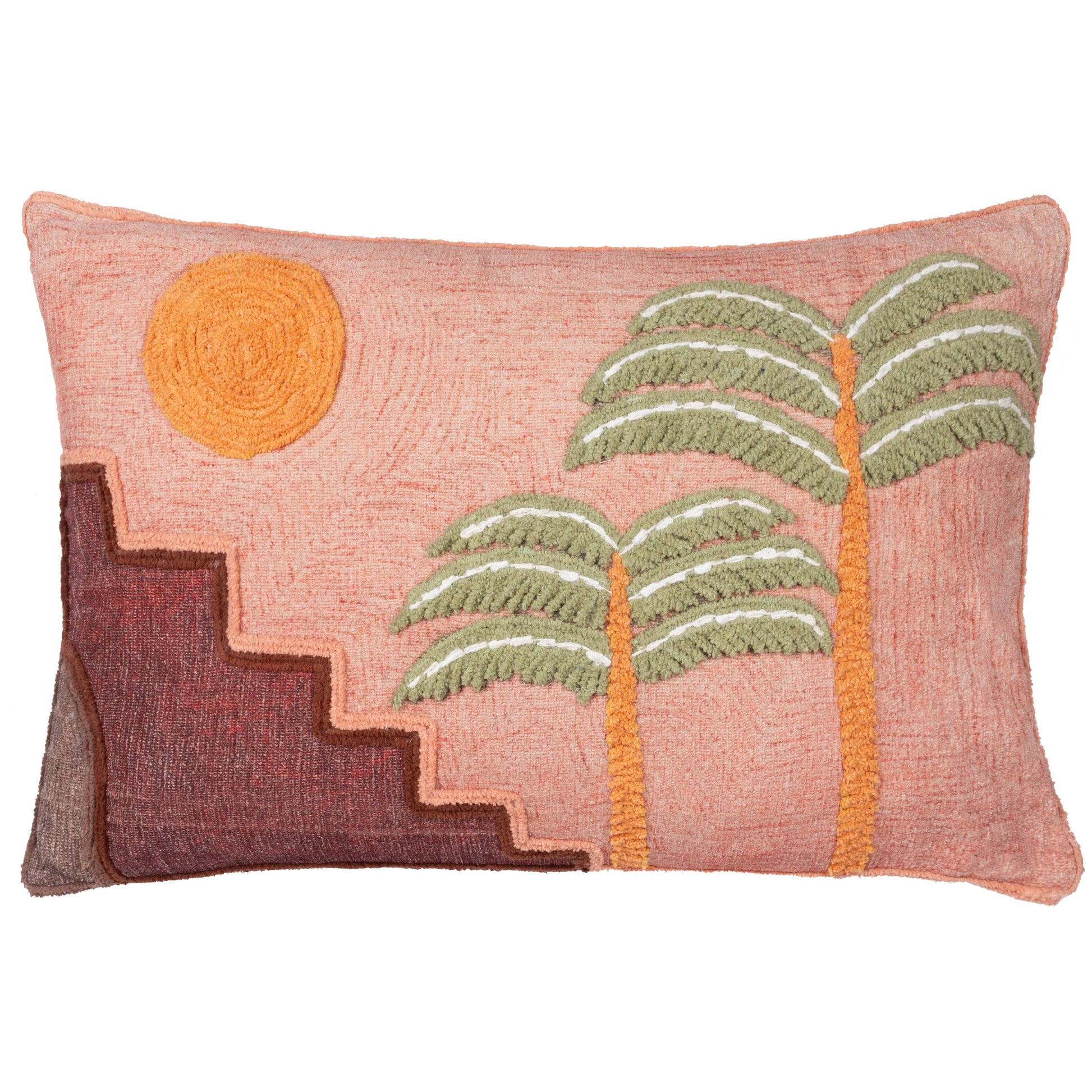Decorative pillow with embroidered palm trees and sun on a pink background