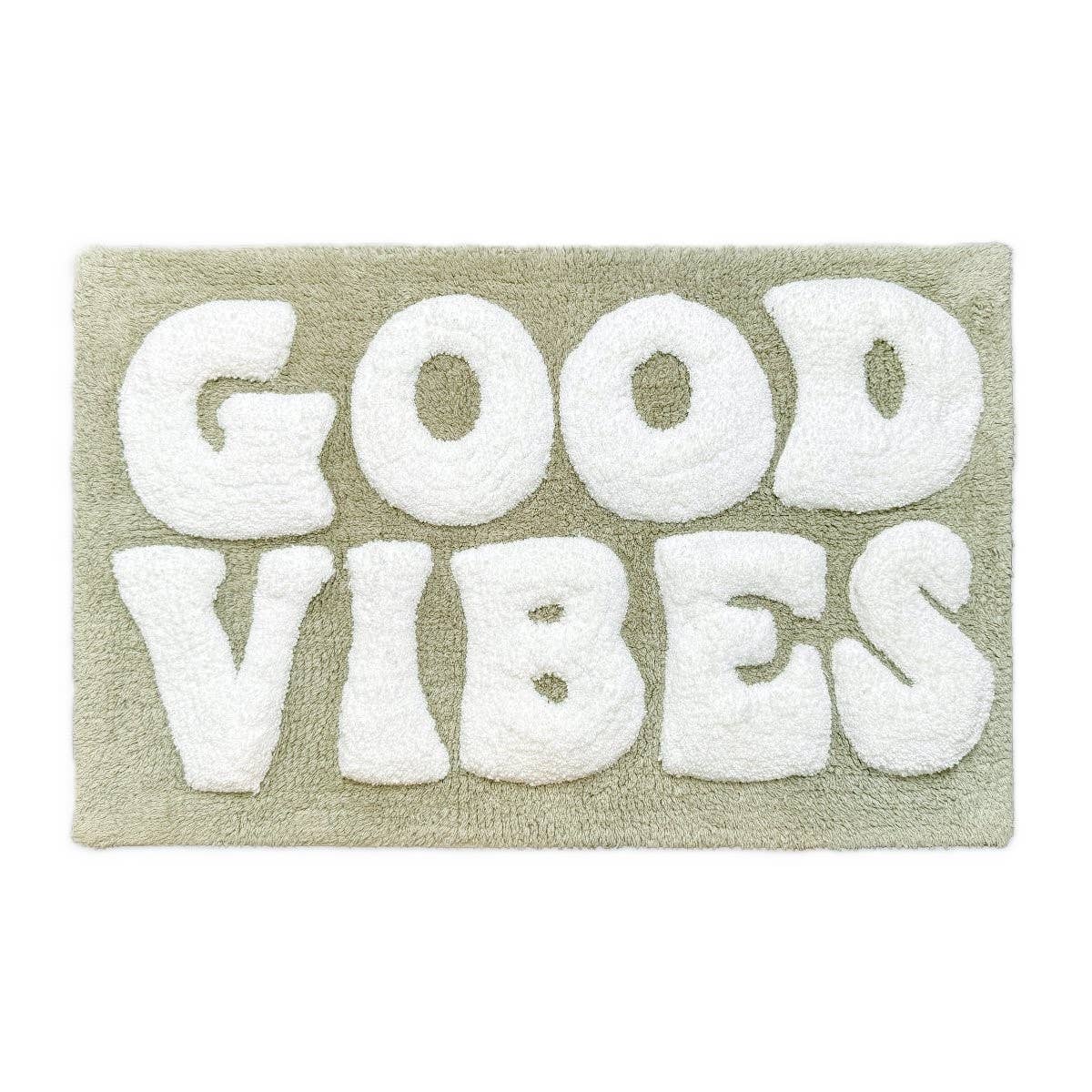 Good Vibes Slogan Bath Mat Non Slip Hand Tufted Bathroom Rug: Green