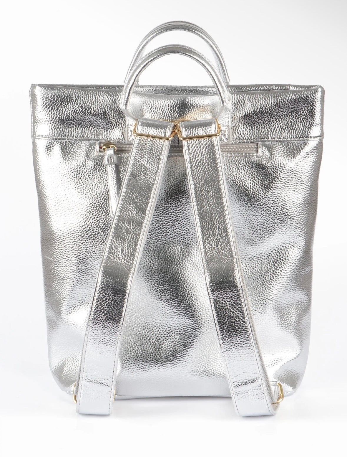 Top Handle Backpack - Silver, Pebbled Faux Leather