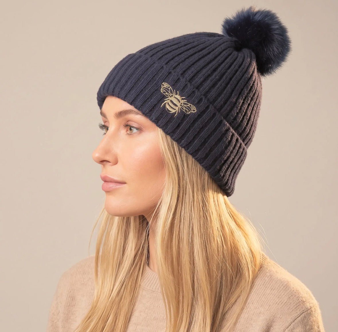 Navy Blue Bee Detail Pom Pom Hat
