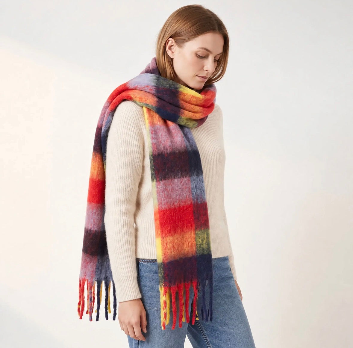 Red/Multi, Colour block Square Scarf