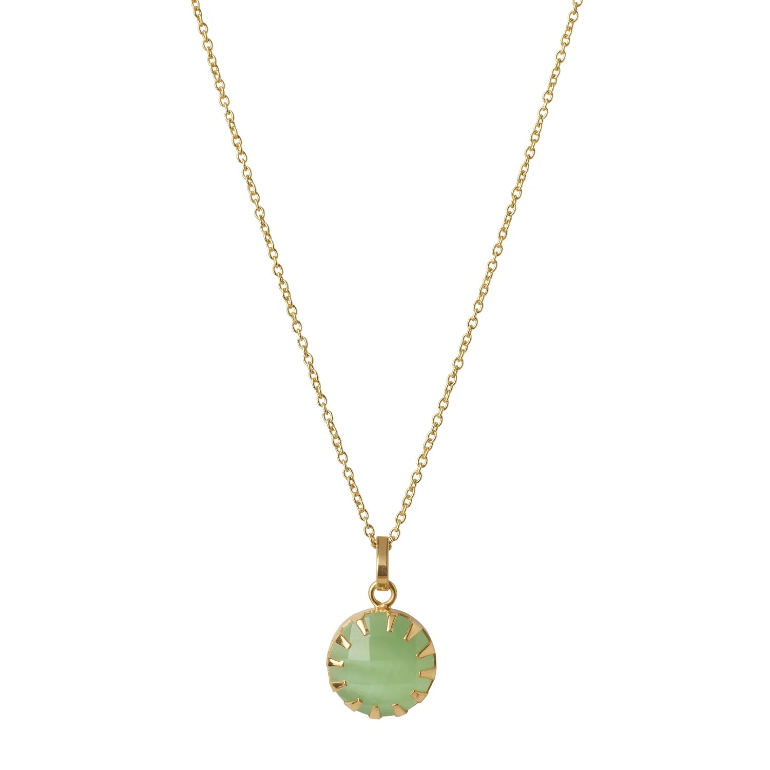 Necklace with a green pendant on a gold chain against a white background