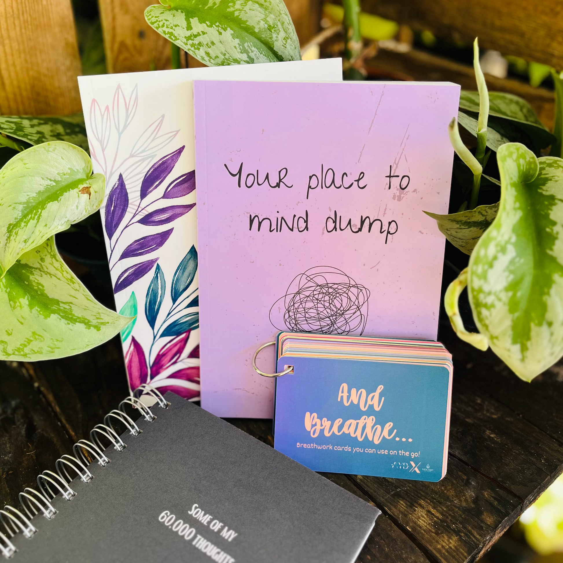 Notebooks and cards on a wooden surface with plants in the background
