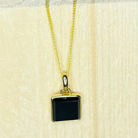 Gold Onyx Square Pendant Necklace