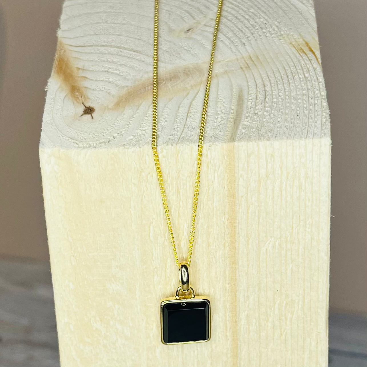 Gold Onyx Square Pendant Necklace