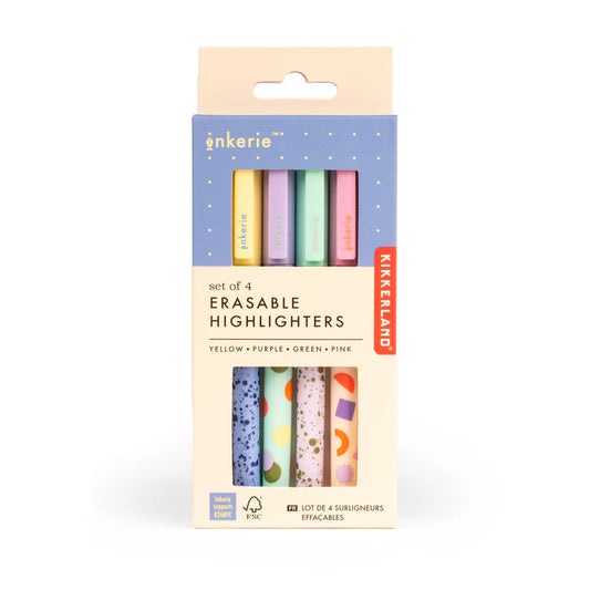 Packaging of Kikkerland erasable highlighters with pastel colors on a white background