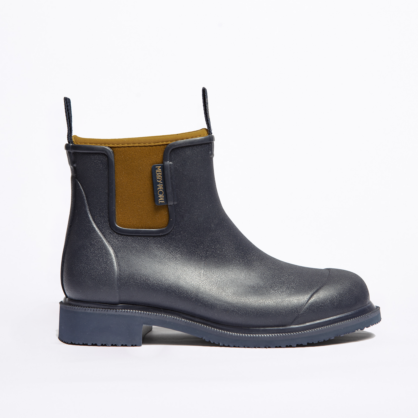 Blue rain boot with brown lining on a white background