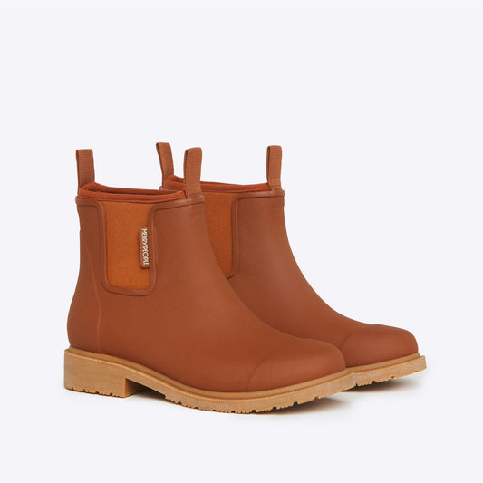 Pair of brown rain boots on a white background